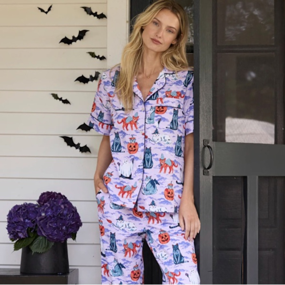 NWT Printfresh Pajama Set L Halloween Cats Lavender Cotton